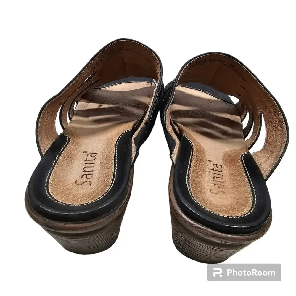 Sanita Nina Black Leather Peekaboo Slides Block Heel EU 40; US 9